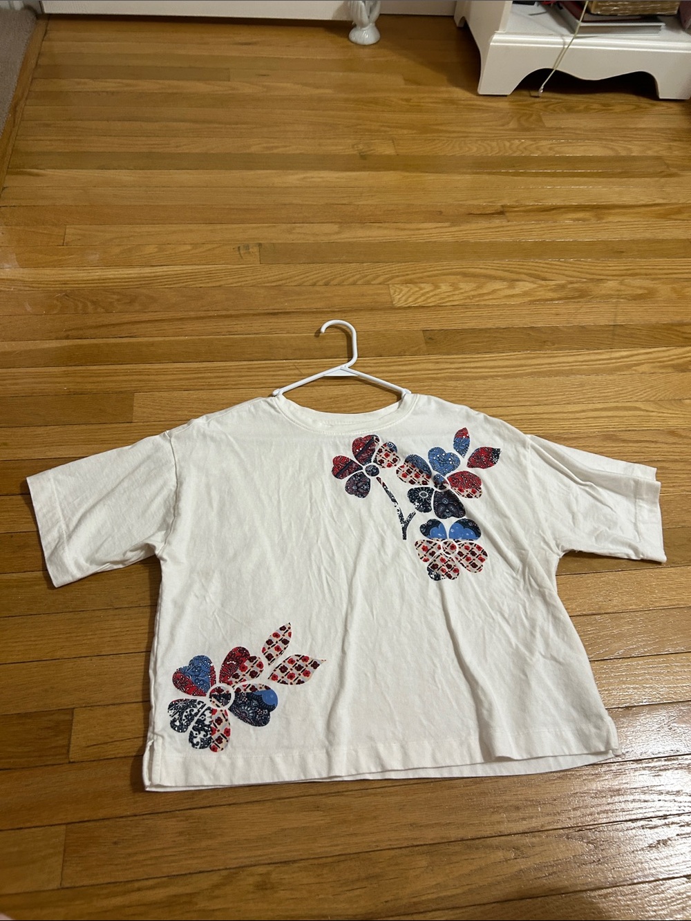 LOFT White Tee with Red & Blue Floral Prints